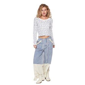 POL Light Wash Denim Patchwork Wide Leg Pants Small New